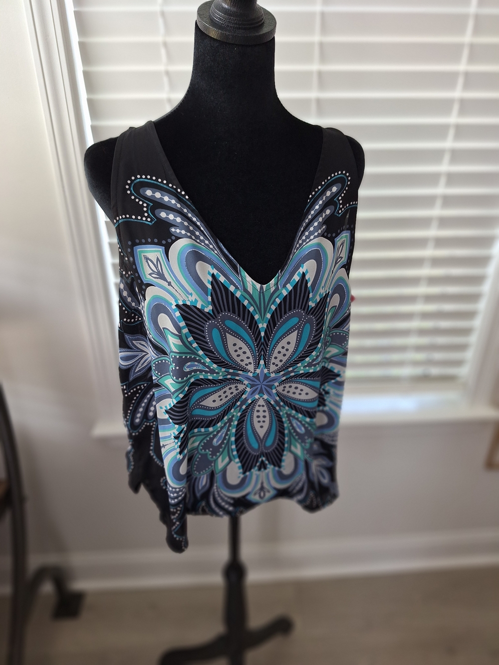 Y2k Elle Black Tank Top with Teal & Blue Floral Medallion